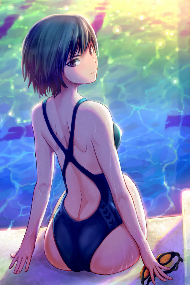 1girl amagami black_hair brown_eyes competition_swimsuit from_behind goggles haitaka looking_back nanasaki_ai one-piece_swimsuit pool resized short_hair sitting solo swimsuit water