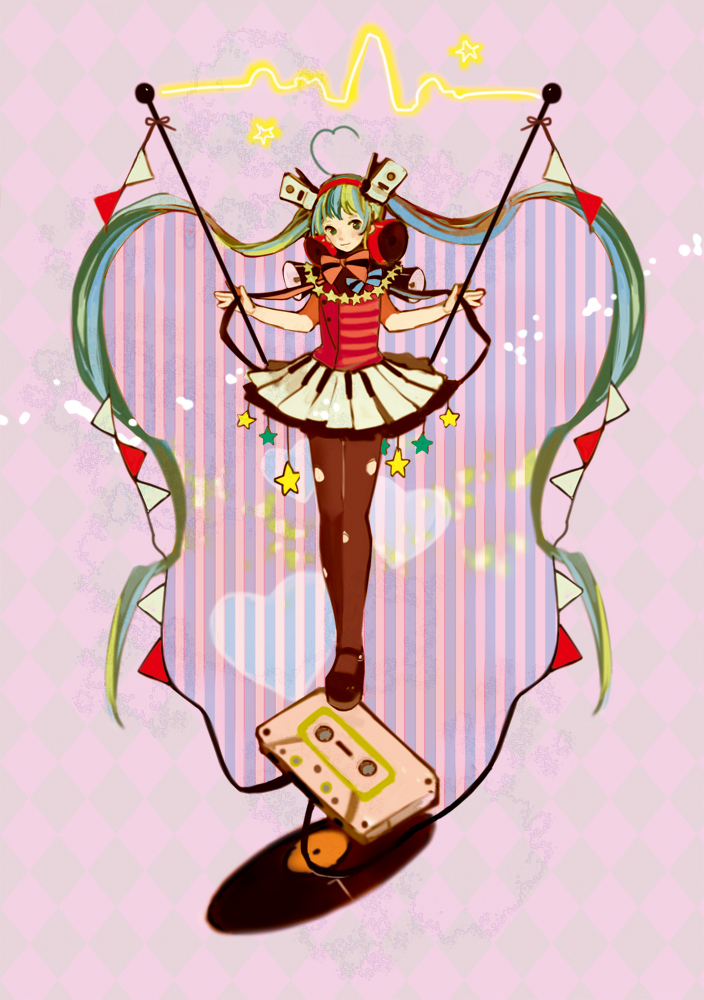 24_(24phage) casette_tape cassette_tape hair_ornament hairclip hatsune_miku long_hair pantyhose piano_print skirt solo speaker twintails vocaloid