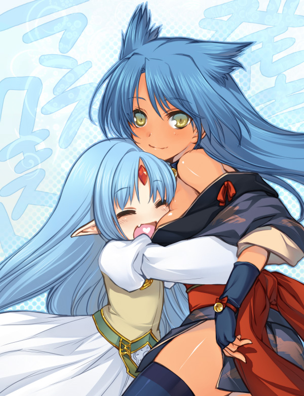 alice_soft aqua_hair bell blue_hair blue_legwear bow breast_smother breasts closed_eyes eyes_closed fang fingerless_gloves forehead_jewel gloves happy heart heart_in_mouth hug kalar_(rance) long_hair lysette_kalar pointy_ears rance_(series) rance_quest reset_kalar sideboob smile suzume suzume_(rance) thighhighs thighs utsugi_(skydream) yellow_eyes