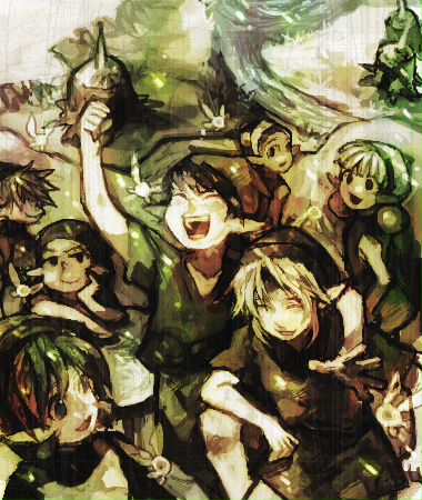 aoki aoki_(fumomo) chin_rest clenched_hand closed_eyes eyes_closed fado fairy fist forest kokiri link lowres mido_(legend_of_zelda) mido_(the_legend_of_zelda) mido_(zelda) monochrome nature nintendo ocarina_of_time raised_fist saria the_legend_of_zelda young_link