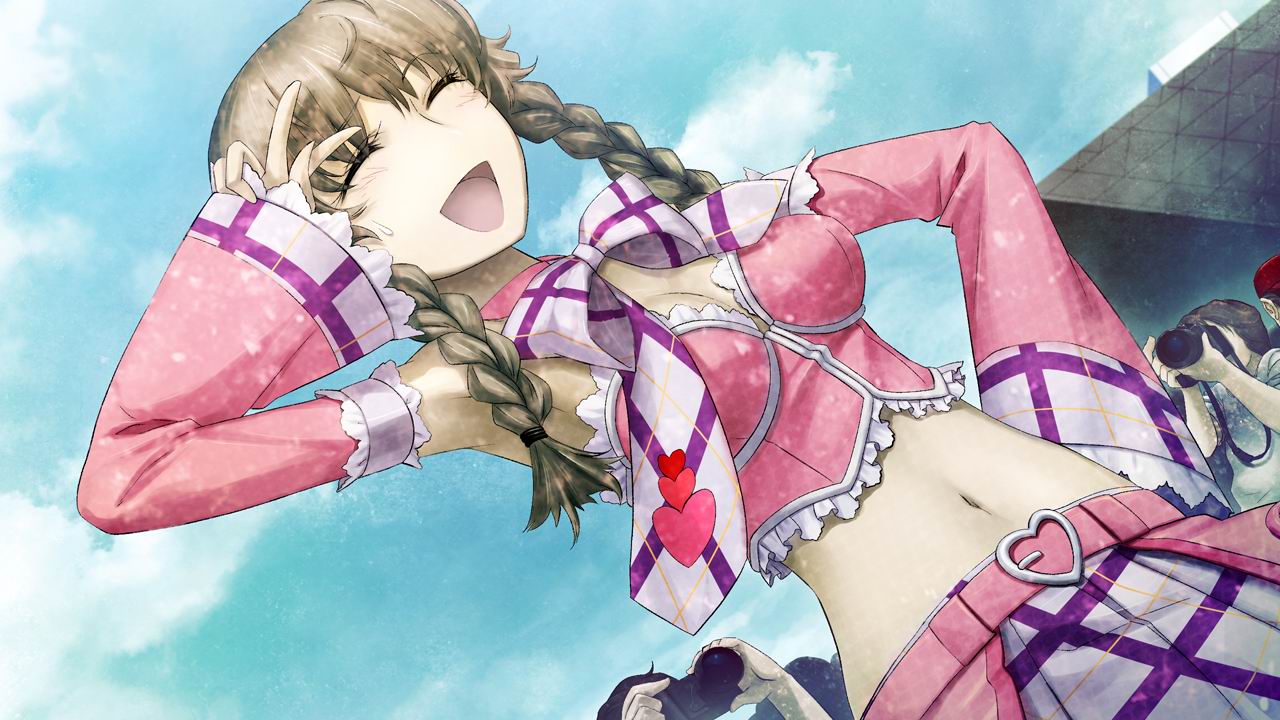 :d alternate_costume amane_suzuha armpits belt bowtie braid breasts brown_hair camera cleavage closed_eyes comiket detached_sleeves dutch_angle eyes_closed hand_on_hip heart huke jpeg_artifacts landmark midriff navel necktie official_art open_mouth pose sky smile steins;gate sweatdrop tokyo_big_sight twin_braids v_over_eye