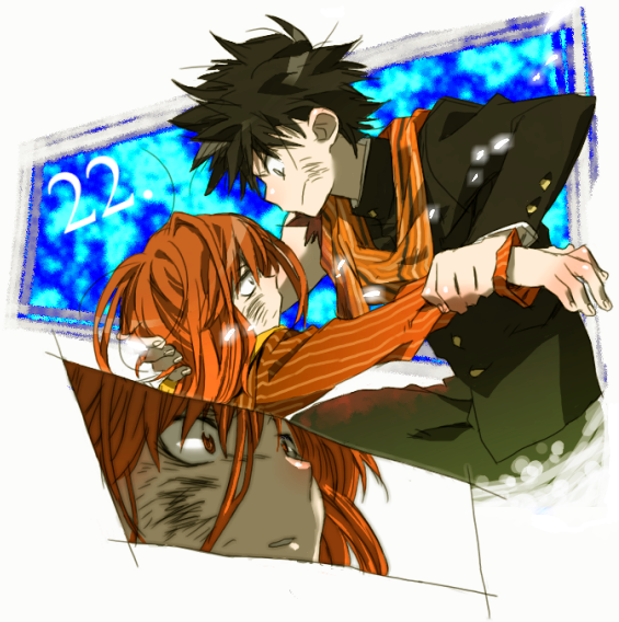 black_hair blue_eyes color dknj fiamma_of_the_right formal kamijou_touma male multiple_boys open_mouth red_eyes red_hair redhead scarf school_uniform short_hair spiked_hair spiky_hair suit to_aru_majutsu_no_index wrist_grab
