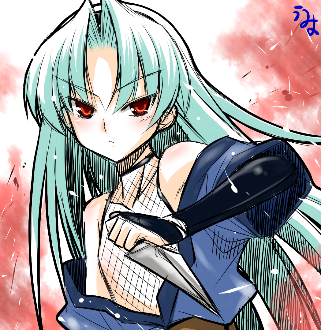 1girl :&lt; alice_soft alicesoft aqua_hair bangs bare_shoulders blush body_blush bridal_gauntlets bust expressionless fighting_stance fishnets flat_chest foreshortening gauntlets hair_between_eyes holding japanese_clothes kimono kunai lkakeu long_hair looking_at_viewer ninja no_nipples obi off_shoulder open_clothes open_kimono paint_splatter parted_bangs rance_(series) red_eyes robe see-through sengoku_rance serious shinobu_(rance) shinobu_(sengoku_rance) short_kimono signature simple_background sketch solo umyonge_(lkakeu) very_long_hair weapon