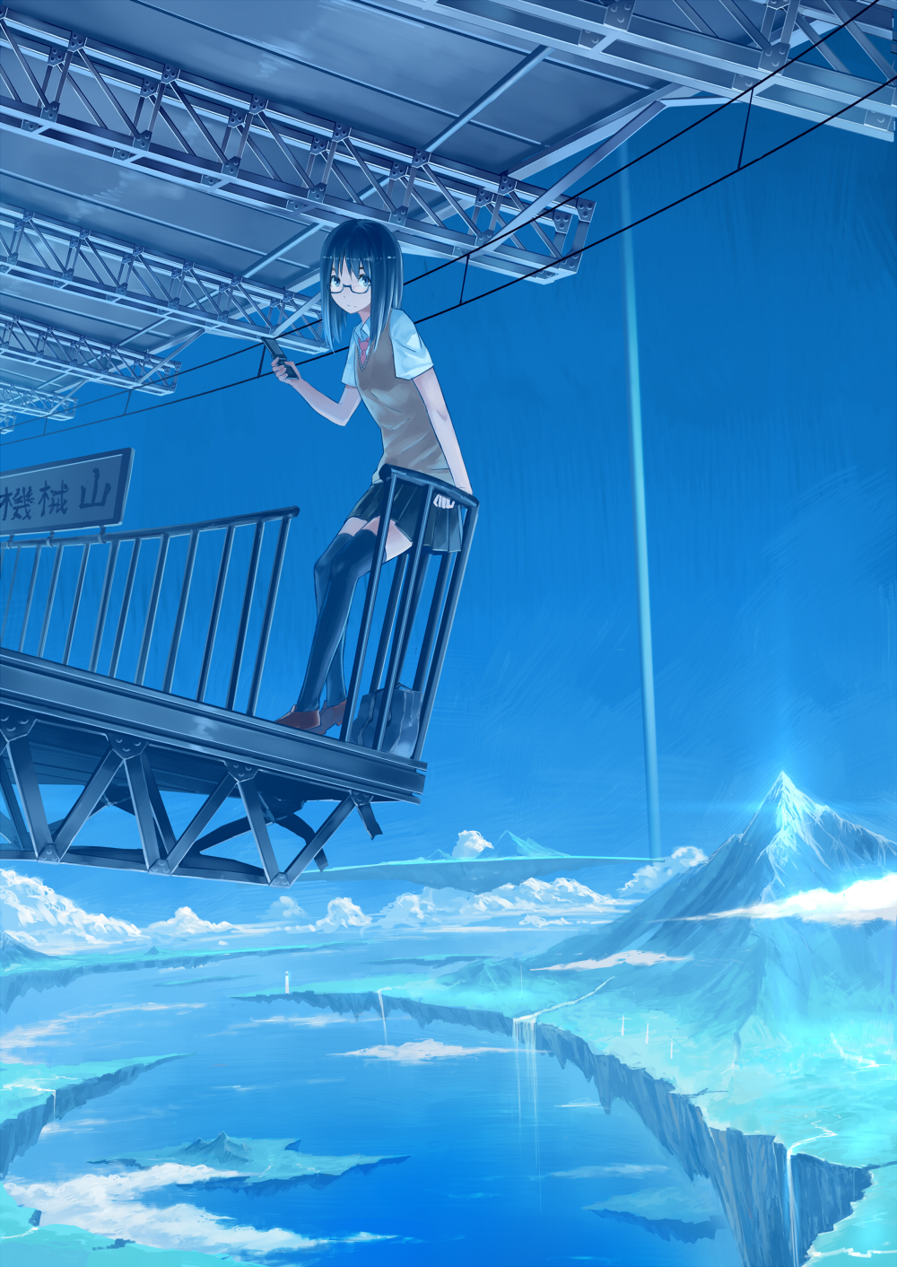 black_legwear blue_eyes blue_hair cellphone cloud floating_island glasses highres landscape loafers looking_at_viewer mountain original phone railing scenery shoes sky solo standing sweater_vest thigh-highs thighhighs zettai_ryouiki