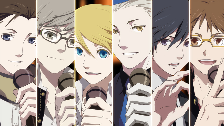 arisato_minato black_hair blonde_hair blue_eyes blue_hair brown_eyes brown_hair dahi glasses grey_eyes grey_hair hanamura_yousuke hat kuma_(persona_4) microphone mochizuki_ryouji multiple_boys narukami_yuu necktie parody persona persona_3 persona_3_portable persona_4 school_uniform short_hair teodor uta_no_prince-sama