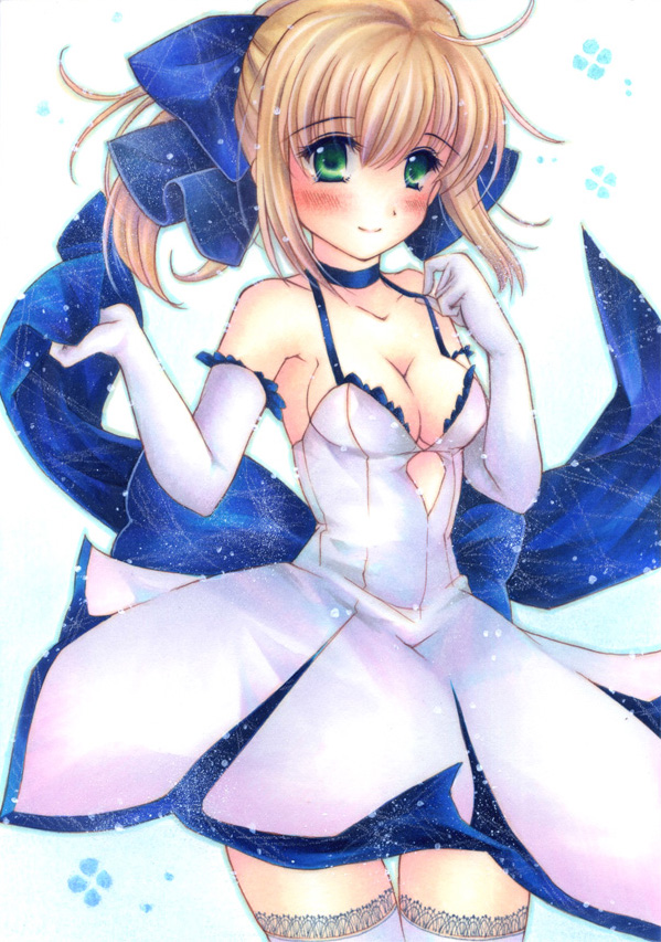 acrylic_paint_(medium) ahoge alternate_costume bare_shoulders blonde_hair blush bow breasts choker cleavage collarbone dress elbow_gloves fate/stay_night fate/unlimited_codes fate_(series) gloves green_eyes hair_bow lace lace-trimmed_thighhighs looking_at_viewer marker_(medium) pastel_(medium) ponytail saber saber_lily shinonome86 smile solo strap_lift thigh-highs thighhighs traditional_media white_legwear