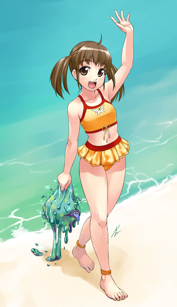 ahoge anklet arm_up bare_legs barefoot beach bikini blush brown_eyes brown_hair feet flat_chest from_above hands jewelry long_hair looking_up mizuki_gyokuran monster navel ocean open_mouth original smile solo swimsuit twintails water waving wet