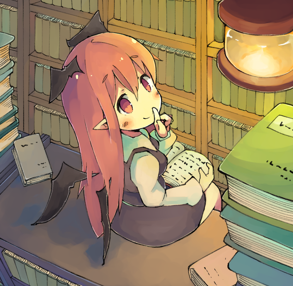 1girl bangs baron_(x5qgeh) book book_stack bookshelf child demon_wings dress finger_to_mouth head_wings koakuma lamp library long_hair open_book pointy_ears reading red_eyes redhead sitting smile solo touhou wings