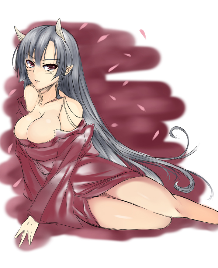 bare_shoulders breasts bursting_breasts cherry_blossoms cleavage horns izayoi_kaname large_breasts long_hair lying on_side original pointy_ears red_eyes silver_hair solo very_long_hair