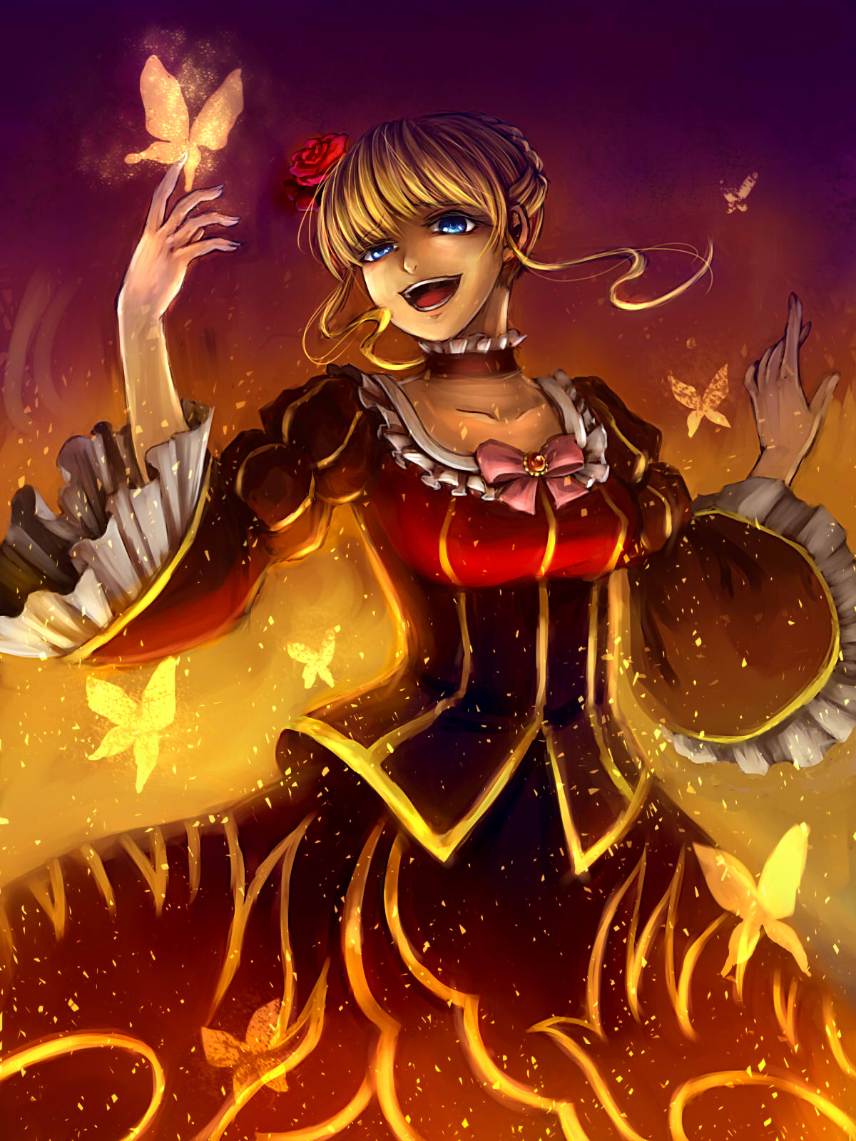 beatrice blonde_hair blue_eyes bow breasts butterfly choker dress embers fire flower hair_flower hair_ornament highres nora_(le-chat-noir) open_mouth rose solo umineko_no_naku_koro_ni