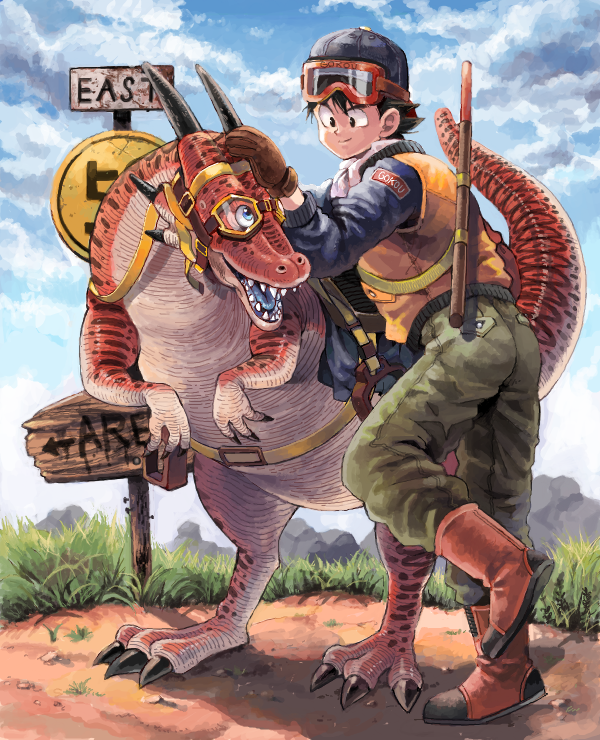 1boy black_hair boots dragon dragon_ball drawr gloves goggles goggles_on_head hand_on_another's_head johnny male_focus outdoors pants road_sign sign sky son_gokuu