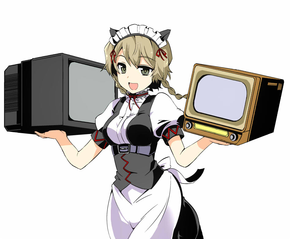 1girl amane_suzuha animal_ears braid brown_eyes brown_hair carrying cat_ears long_hair maid maid_headdress oda_masaru open_mouth ribbon solo steins;gate television twin_braids