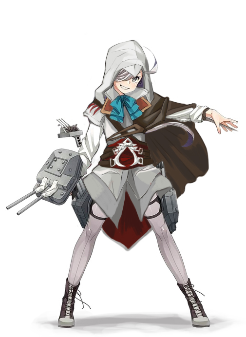 1girl ahoge asashimo_(kantai_collection) assassin's_creed cape cosplay cross-laced_footwear entman ezio_auditore_da_firenze_(cosplay) full_body grey_eyes grin hair_over_one_eye hidden_blade kantai_collection outstretched_arm pantyhose silver_hair smile solo