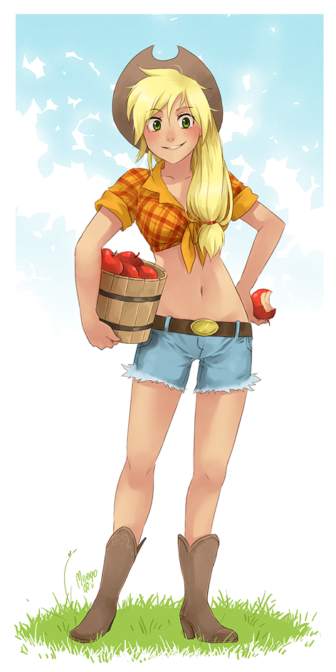 applejack bare_legs belt blonde_hair boots bucket cowboy_boots cowboy_hat denim denim_shorts food freckles front-tie_top fruit green_eyes hand_on_hip hat high_heels hips human long_hair low-tied_long_hair meago midriff my_little_pony my_little_pony_friendship_is_magic navel object_namesake personification plaid ponytail shoes short_shorts short_sleeves shorts smile solo tan tied_shirt western