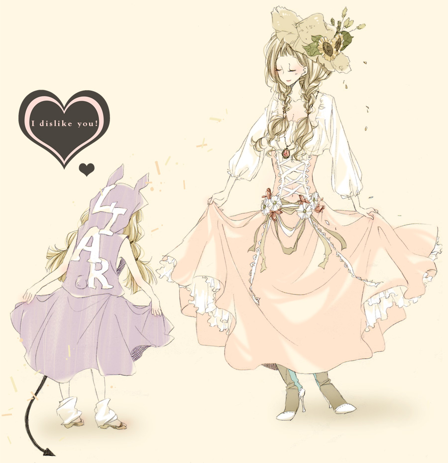 blonde_hair braid closed_eyes curtsey cyom demon_tail dress duo english eyes_closed female flower from_behind hat hat_flower heart high_heels long_hair multiple_girls original shoes simple_background skirt sunflower tail text twin_braids