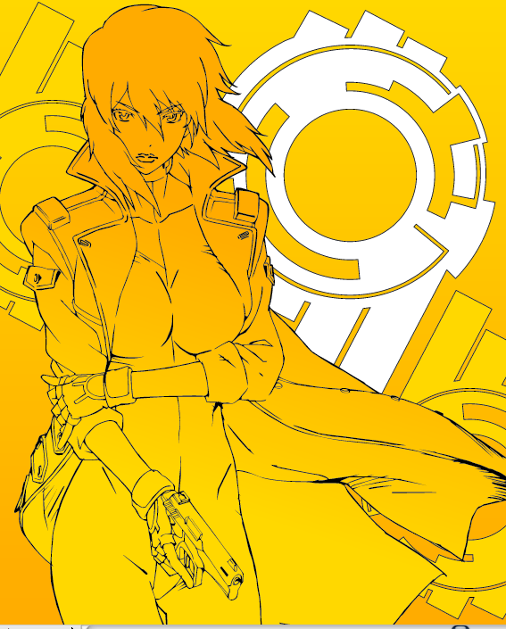 bodysuitfingerless_gloves fingerless_gloves ghost_in_the_shell gloves gun handgun inkfishlight kusanagi_motoko lipstick monochrome pistol solo trench_coat weapon yellow