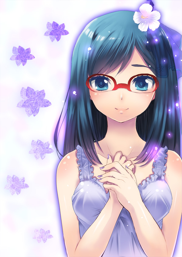 blue_eyes blue_hair blush bust face flower glasses hair_flower hair_ornament hands_on_own_chest hands_to_chest hibiscus long_hair looking_at_viewer nail_polish red-framed_glasses ruchiru_(nico_seiga) smile solo star tsurumi_chiriko
