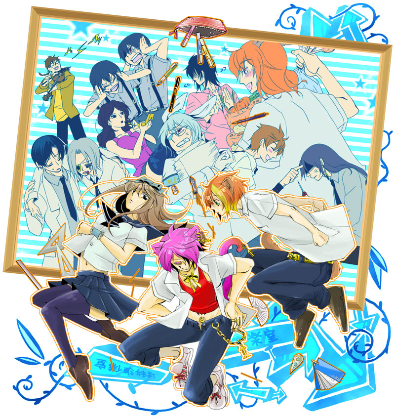 6+boys ^_^ ace_(kuni_no_alice) alice_liddell alternate_costume alternate_hair_color alternate_hairstyle anger_vein animal_ears annoyed armband arms_up arrow bag belt black_hair blonde_hair blood blood_dupre blue_hair blue_legwear blush blush_stickers boris_airay bow brown_hair bunny_ears cake carrot cat_ears cat_tail chain chains clenched_teeth closed_eyes colored_eyelashes compact cosmetics covering_ears directional_arrow dress_shirt earrings elliot_march everyone eyepatch eyes_closed fingernails floating food frame glasses gloves gray_ringmarc green_eyes hair_bow hair_intakes hair_over_one_eye hand_on_hip happy heart heart_no_kuni_no_alice highlights hips instrument jeans jewelry julius_monrey leaning leaning_back leaning_forward lipstick lipstick_tube loafers long_fingernails long_hair long_sleeves looking_away makeup male mary_gowland mechanical_pencil miniskirt mouse_ears mouse_tail multiple_boys multiple_girls musical_note navel necktie nightmare_gottschalk open_clothes open_fly open_mouth open_shirt orange_hair outline overalls pain pants pen pencil pierce_villiers piercing pink_hair pleated_skirt purple_hair red_eyes ring ruler school_uniform serafuku shaded_face shirt shoes short_hair short_sleeves siblings sick silver_hair skirt sleeveless smile sneakers star striped striped_background suspenders sweat tail tank_top tattoo tears teeth thigh-highs thighhighs totsuno tweedle_dee tweedle_dum twins unzipped violin vivaldi wavy_hair white_hair wince wristband zettai_ryouiki