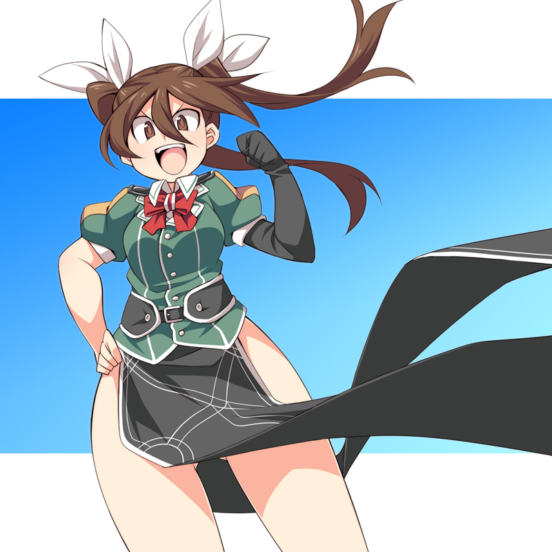 &gt;:d 1girl :d belt bow bowtie brown_eyes brown_hair clenched_hand elbow_gloves flexing gloves hair_between_eyes hair_bow hand_on_hip kantai_collection long_hair long_skirt looking_at_viewer military military_uniform open_mouth pose puffy_short_sleeves puffy_sleeves short_sleeves side_slit single_glove skirt smile solo thighs tone_(kantai_collection) tsurime twintails uniform ushi