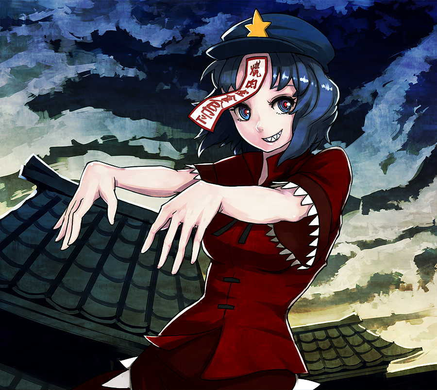 blue_eyes blue_hair breasts building chinese_clothes face foreshortening grin hands hat miyako_yoshika nosuku ofuda outstretched_arms short_hair smile solo star teeth touhou zombie_pose