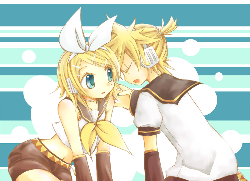 brother_and_sister detached_sleeves hair_ribbon headphones kagamine_len kagamine_rin nao_(flake) ribbon short_hair shorts siblings twins vocaloid