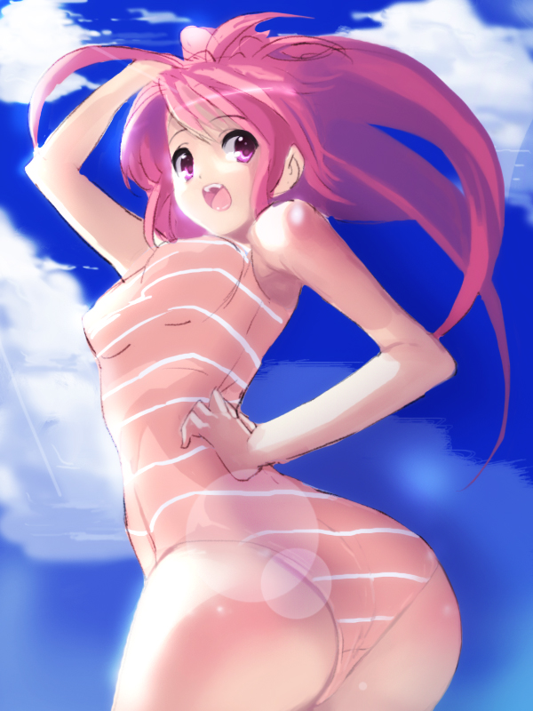 christinya cloud lens_flare long_hair one-piece_swimsuit open_mouth original pink_hair sky solo swimsuit