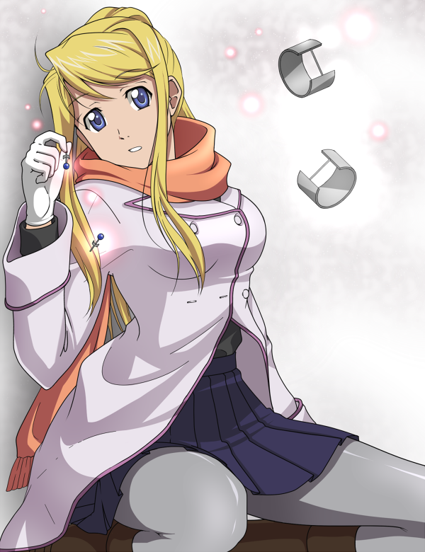 blue_eyes coat cute earrings fullmetal_alchemist gloves gray_pantyhose jewelry mikeneko_(stray-sheep) pantyhose perfection ponytail scarf skirt solo winry_rockbell