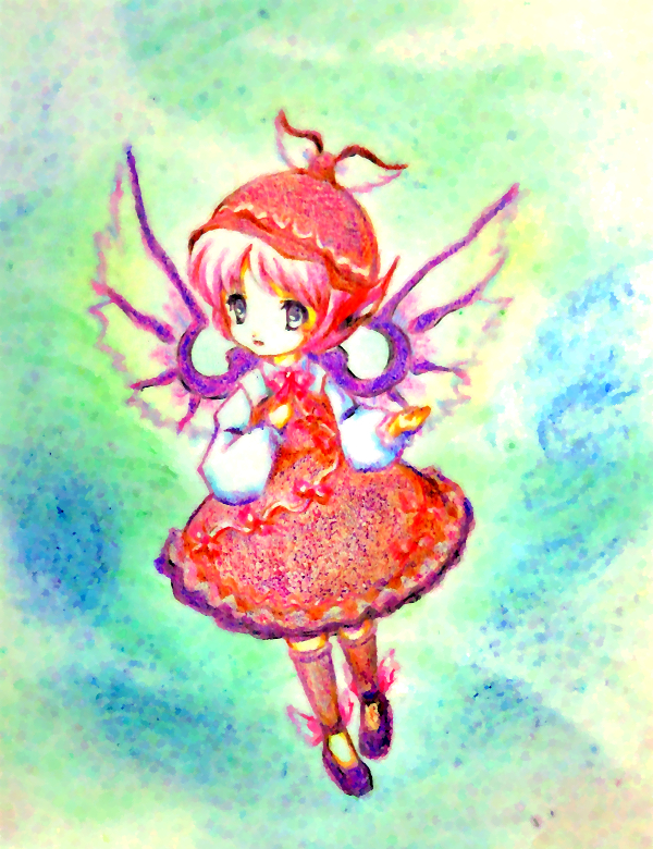 bad_id chibi colored_pencil_(medium) dress hat kneehighs long_sleeves mystia_lorelei open_mouth pink_hair purple_eyes shikimi_(pixiv) socks solo touhou traditional_media violet_eyes winged_shoes wings