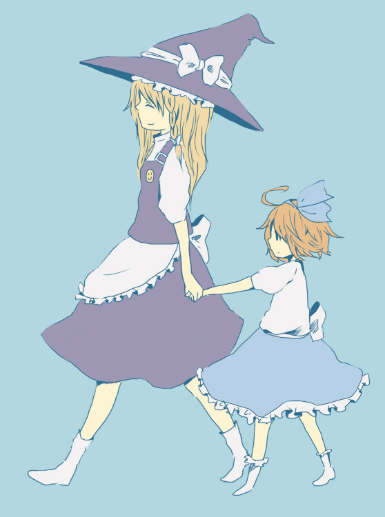 alice_margatroid alice_margatroid_(pc-98) apron bad_id closed_eyes dress emoticon frills hairband hand_holding happy hat hat_ribbon holding_hands kirisame_marisa multiple_girls orange_hair profile ribbon short_hair simple_background smile socks time_paradox tirisousu touhou touhou_(pc-98) walking witch_hat