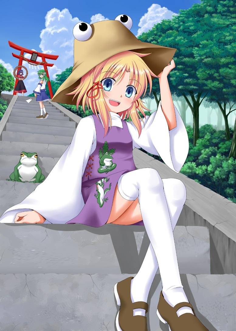 blonde_hair blue_eyes bluepony cloud dress frog from_behind hair_ribbon hand_on_hat hat kochiya_sanae looking_back mary_janes moriya_suwako multiple_girls open_mouth perspective ribbon shoes short_hair sitting sitting_on_stairs sky smile stairs thigh-highs thighhighs torii touhou tree white_legwear white_thighhighs yasaka_kanako zettai_ryouiki