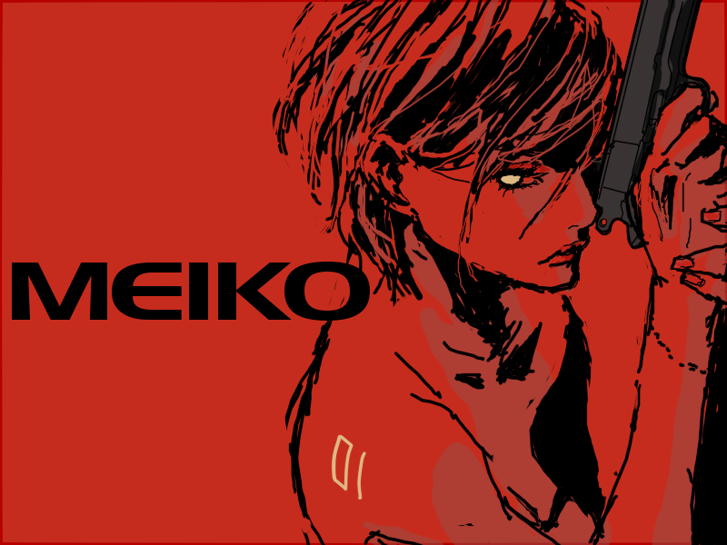 hands lips meiko monochrome red red_background rq short_hair sketch spot_color tattoo vocaloid weapon yellow_eyes