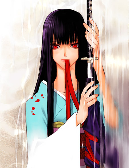 japanese_clothes katana kimono long_hair mouth_hold original red_eyes ribbon sakamoto_mineji solo sword water weapon