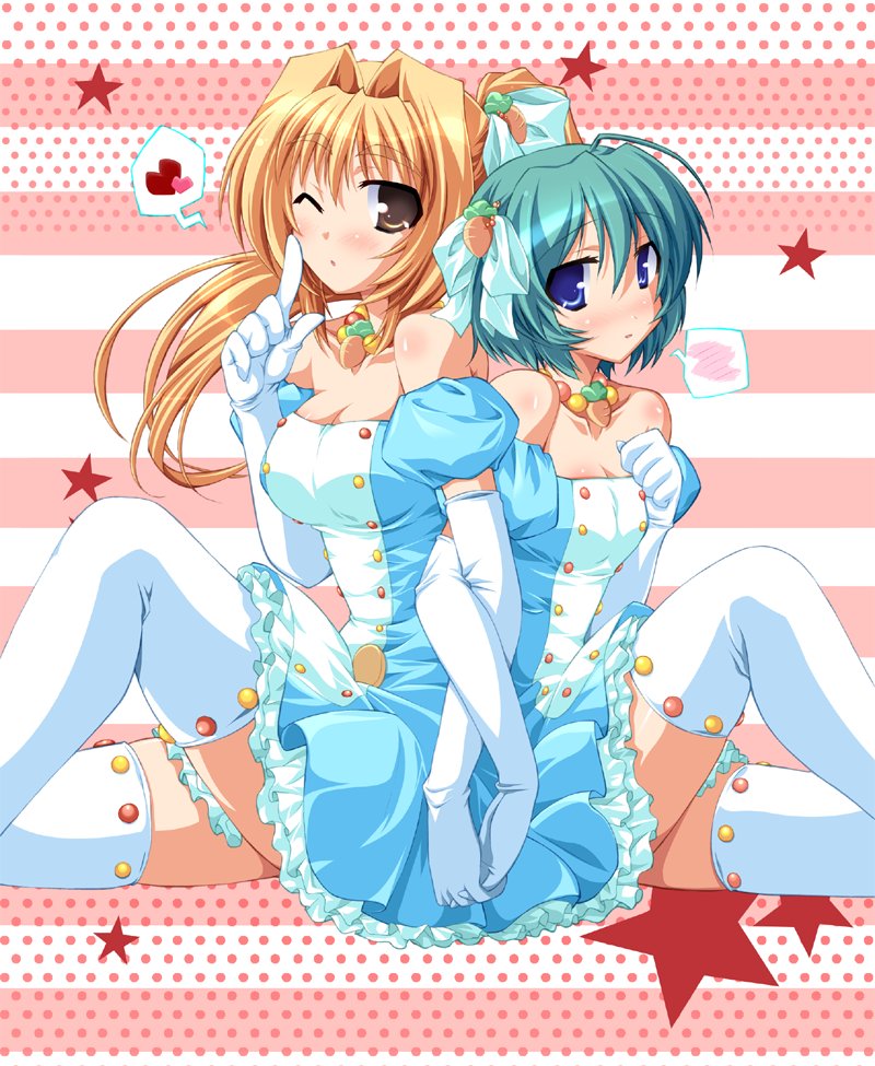 ahoge aqua_hair back-to-back bare_shoulders blonde_hair blue_eyes blush bow breasts brown_eyes cleavage dress elbow_gloves finger_to_mouth food_themed_clothes frills gloves hair_bow heart hinata_mutsuki holding_hands jewelry kinoshita_rumi leg_up locked_arms long_hair multiple_girls narahara_tsubame necklace pia_carrot pia_carrot_(series) pia_carrot_e_youkoso!!_g.o. polka_dot ponytail short_hair star striped thigh-highs thighhighs waitress white_legwear wink zettai_ryouiki