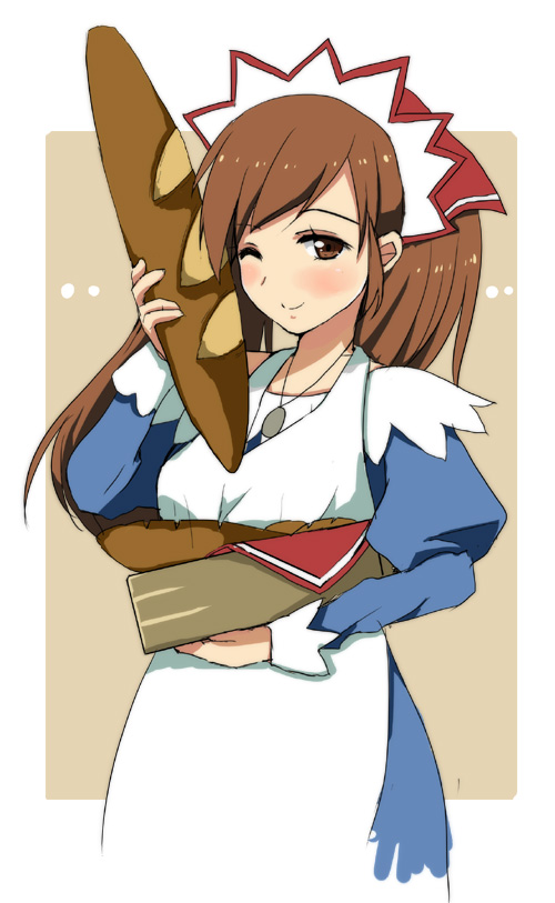 alicia_melchiott apron blush bread brown_eyes brown_hair female gyonikuro long_hair senjou_no_valkyria senjou_no_valkyria_1 solo twintails wink