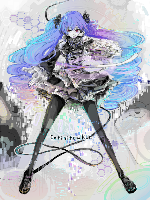 anti_the_holic_(vocaloid) anti_the_infinite_holic_(vocaloid) blue_hair detached_sleeves donko frills gothic_lolita gradient_hair hatsune_miku heterochromia legs lolita_fashion long_hair multicolored_hair purple_hair red_eyes skirt smile solo spring_onion thigh-highs thighhighs twintails very_long_hair vocaloid