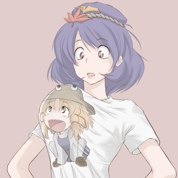 blonde_hair dokonjou_gaeru eyes hairband hat moriya_suwako parody purple_hair red_eyes shirt short_hair touhou yasaka_kanako yellow_eyes