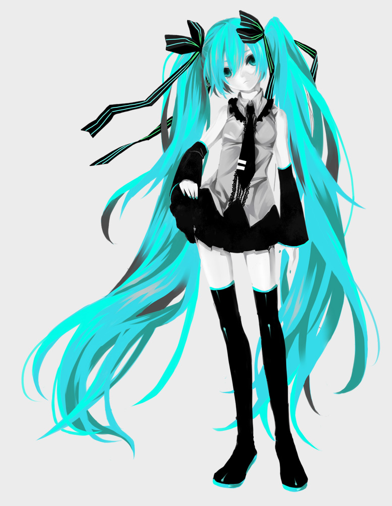 aqua_eyes aqua_hair bad_id bow hair_bow hair_ribbon hatsune_miku legs long_hair necktie ribbon simple_background sioco skirt solo thigh-highs thighhighs twintails very_long_hair vocaloid zettai_ryouiki