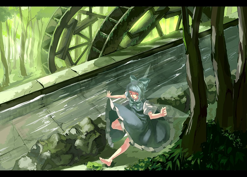 1girl barefoot blue_hair cirno frog jumping letterboxed nature short_hair solo stream touhou water water_wheel wings yasumo_(artist) yasumo_(kuusouorbital)