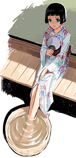 black_hair fan feet feet_in_water green_eyes japanese_clothes kimono original paper_fan sakamoto_mineji short_hair sitting soaking_feet solo tub uchiwa water yukata