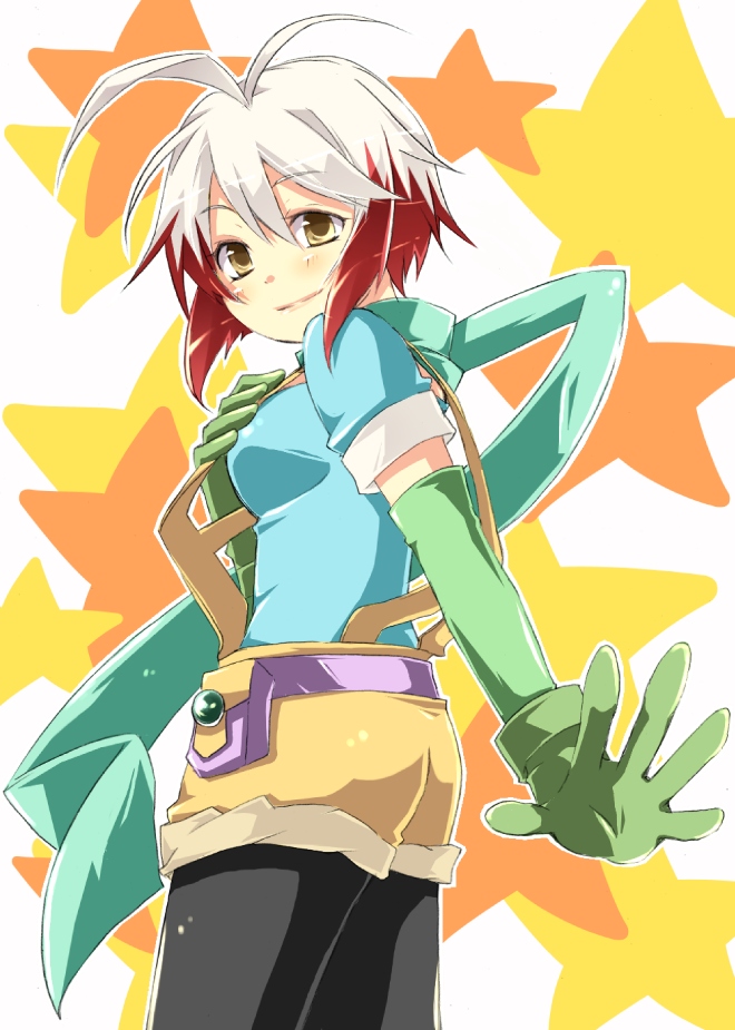 black_legwear bob_cut brown_eyes gloves hanazuka_reina leggings looking_back multicolored_hair outstretched_arm outstretched_hand pascal payot reaching red_hair redhead scarf short_hair shorts smile star starry_background tales_of_(series) tales_of_graces two-tone_hair white_hair yellow_eyes