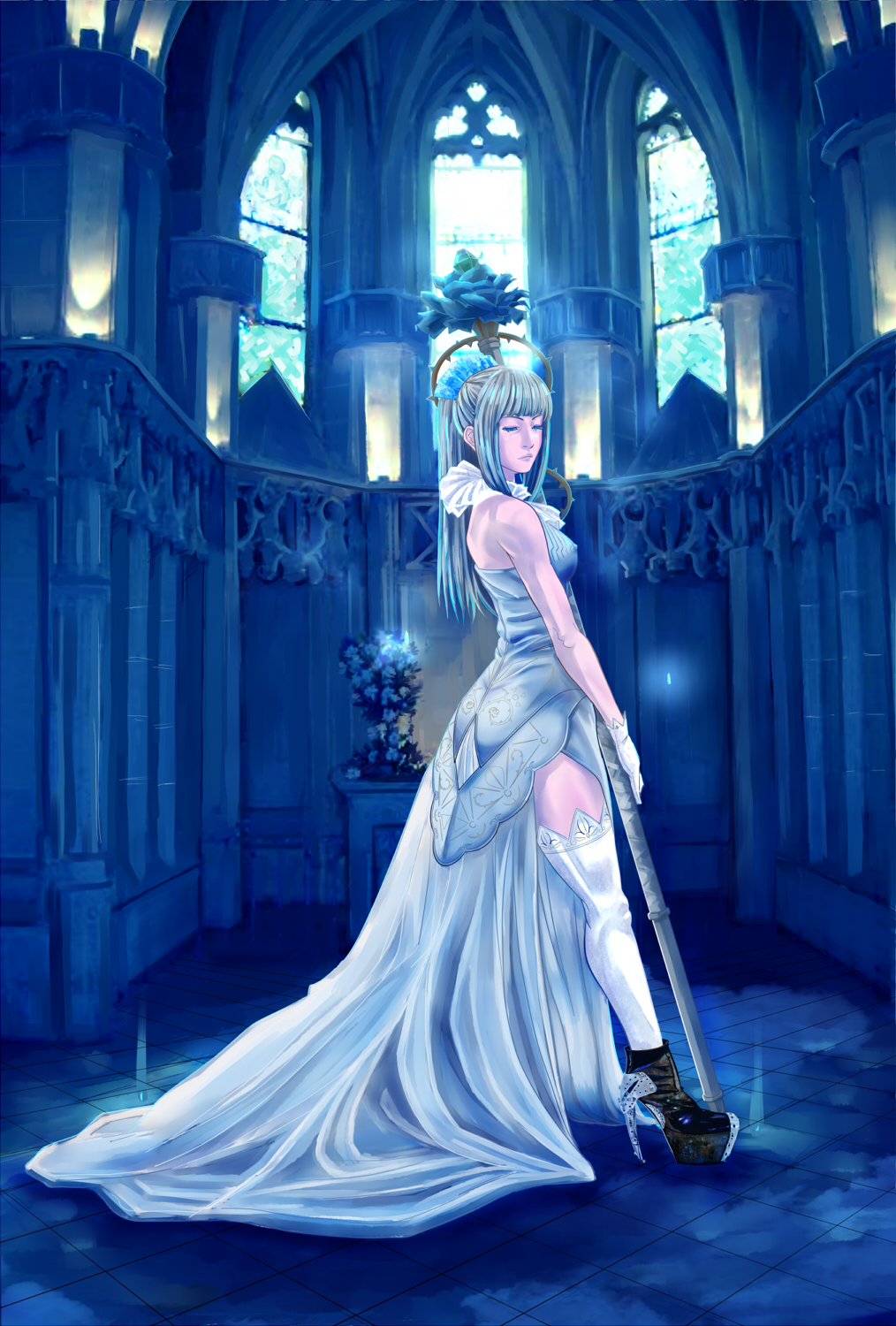 bad_id bare_shoulders blonde_hair boots church closed_eyes dress gloves gothic_architecture high_heels highres long_hair looking_back original ponytail shoes solo staff thigh-highs thighhighs weapon wedding_dress