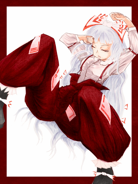 closed_eyes dress_shirt fujiwara_no_mokou long_sleeves mikawa_(foolstream) open_mouth pants shirt silver_hair sitting sleepy solo spread_legs suspenders touhou traditional_media watercolor_(medium)