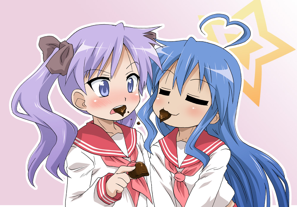 ahoge blue_eyes blue_hair chocolate closed_eyes gobera hiiragi_kagami izumi_konata long_hair lucky_star mouth_hold purple_hair school_uniform serafuku