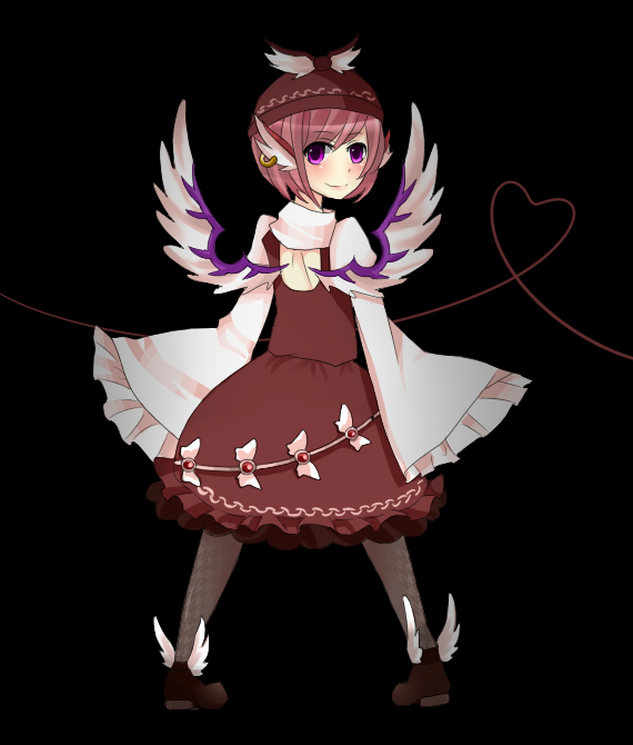 back dress earrings hat heart heart_of_string jewelry lips looking_back mystia_lorelei neko-san_(artist) neko-san_(dim.dream) pantyhose pigeon-toed pink_eyes pink_hair shoes short_hair simple_background smile standing string touhou turning wide_sleeves winged_shoes wings