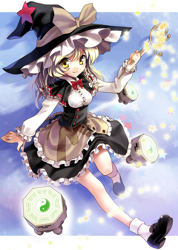 ba_gua blonde_hair braid foreshortening hat katahira_masashi kirisame_marisa long_hair magic_wand mini-hakkero mini_hakkero smile solo touhou wand witch_hat yellow_eyes yin_yang