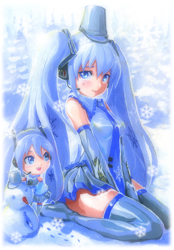 blue_eyes blue_hair boots bucket detached_sleeves hat hatsune_miku mayo_riyo patterned snow snowman thigh-highs thigh_boots thighhighs vocaloid yuki_miku zettai_ryouiki