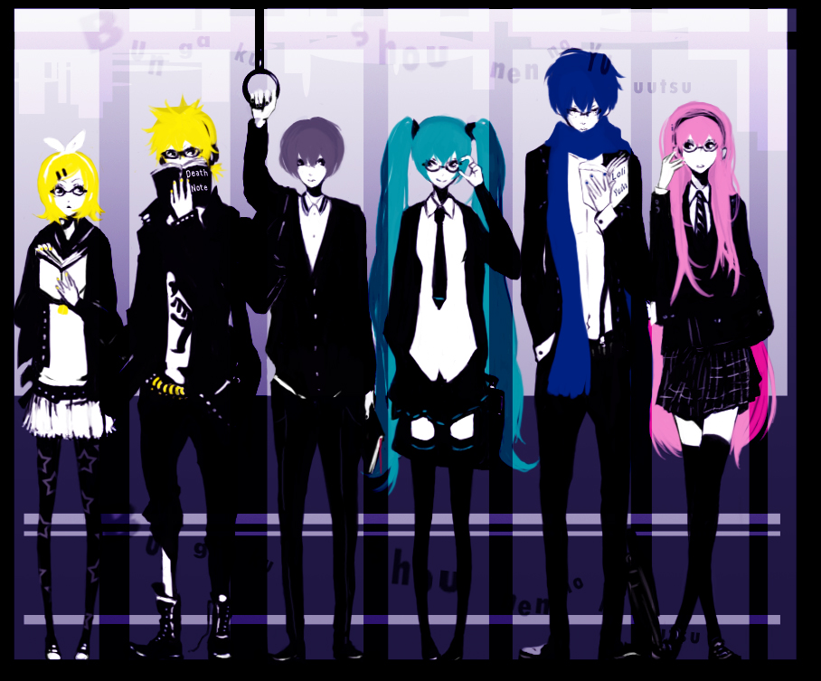 aqua_hair bag bespectacled blonde_hair blue_hair book bungaku_shounen_no_yuuutsu_(vocaloid) death_note_(object) glasses hatsune_miku kagamine_len kagamine_rin kaito lineup megurine_luka pink_hair reading scarf school_uniform skirt smile thighhighs train train_interior twintails uni_(nacchan) uni_(pixiv985939) vocaloid zettai_ryouiki