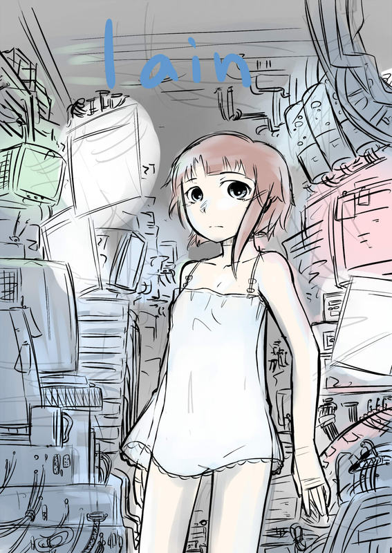 bare_shoulders brown_hair computer cup hair_ribbon iwakura_lain monitor mug otaku_room payot ribbon serial_experiments_lain sketch slip yoekosukii