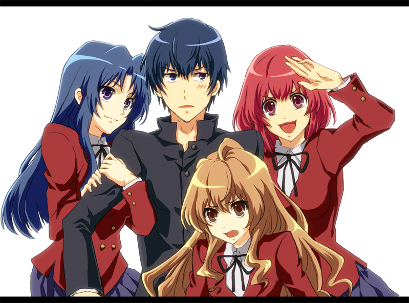 arm_hug blue_hair brown_eyes brown_hair kafka kawashima_ami kushieda_minori long_hair purple_eyes red_eyes red_hair redhead school_uniform short_hair takasu_ryuuji toradora! violet_eyes