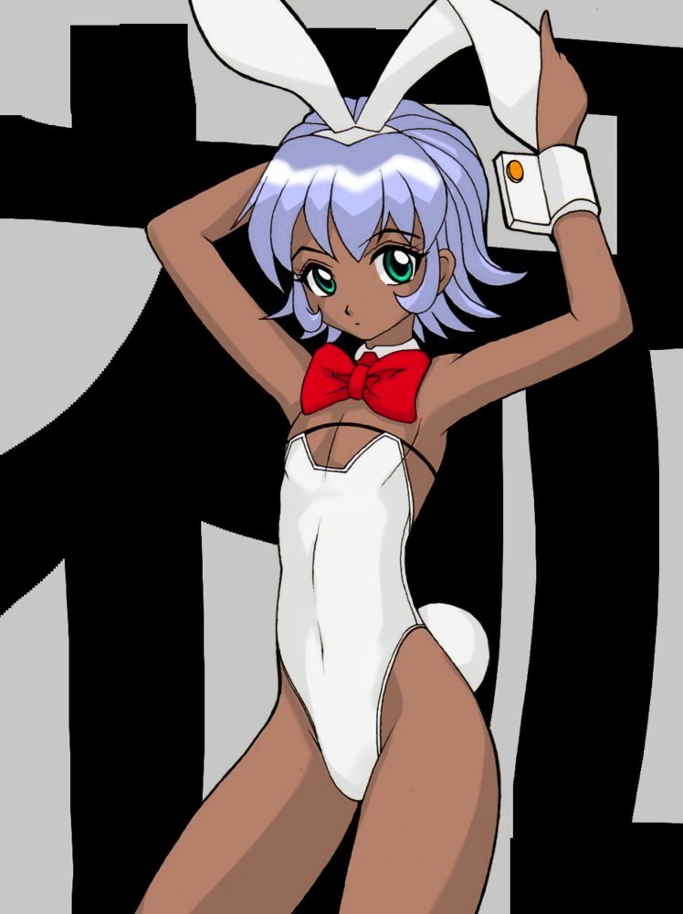 aqua_eyes boy rabbit_ears bunnysuit crossdressing dark_skin front male shota solo standing trap usura